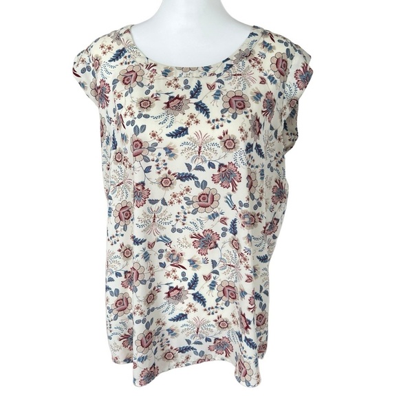 PLEIONE cap sleeve floral print blouse in white SZ XL - Picture 1 of 5